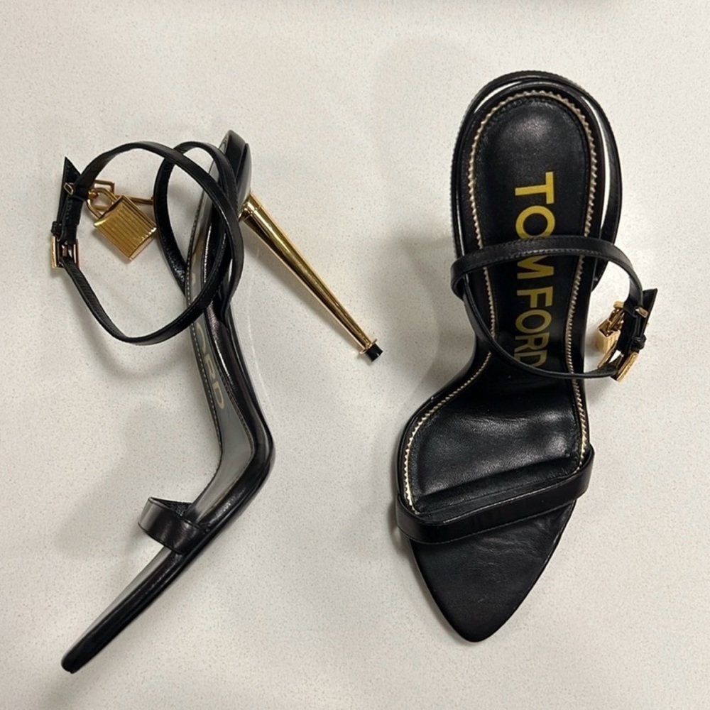 Tom Ford Black Leather Ankle-Strap Stiletto Sandals with Gold Heel
